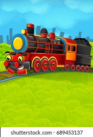 Cartoon Train Scene On Meadow Illustration Stock Illustration 689453137 ...