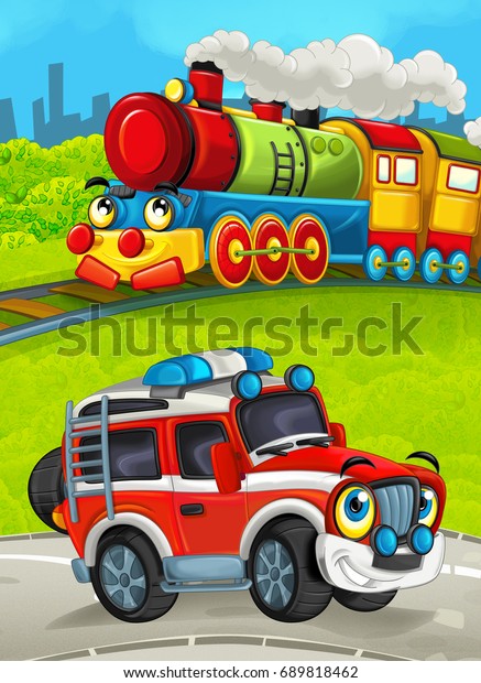 Cartoon train scene on the\
meadow with off road fireman truck - illustration for the\
children