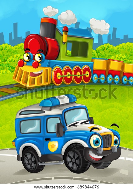 Cartoon train scene on the meadow with\
off road police truck - illustration for the\
children
