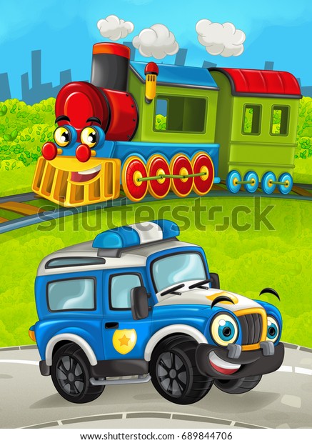 Cartoon train scene on the meadow with\
off road police truck - illustration for the\
children