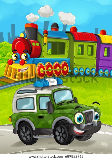 Cartoon train scene on the\
meadow with off road military truck - illustration for the\
children