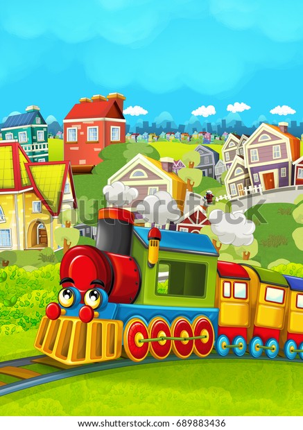 Cartoon train scene on the meadow - illustration\
for the children
