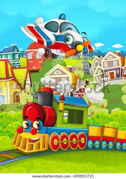 Cartoon train scene on the meadow and plane\
flying - illustration for the\
children
