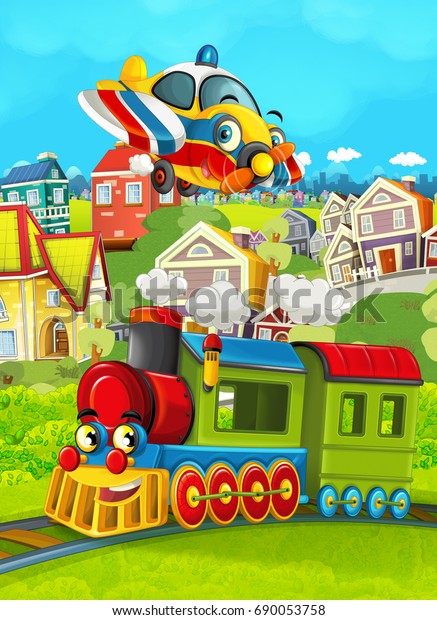 Cartoon train scene on the meadow and plane\
flying - illustration for the\
children