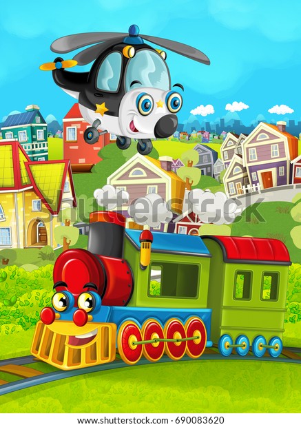 Cartoon train scene on the meadow and
helicopter flying - illustration for the
children