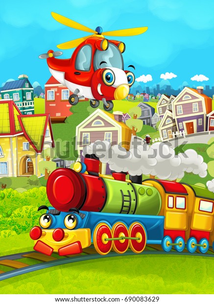 Cartoon train scene on the meadow and\
helicopter flying - illustration for the\
children