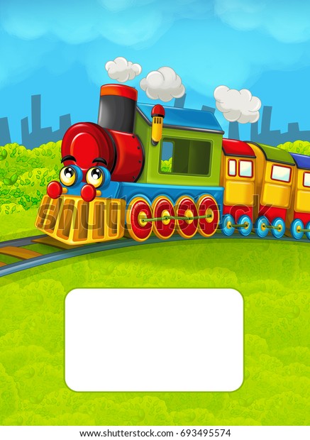Cartoon train scene on the meadow with frame for\
text - illustration for\
children