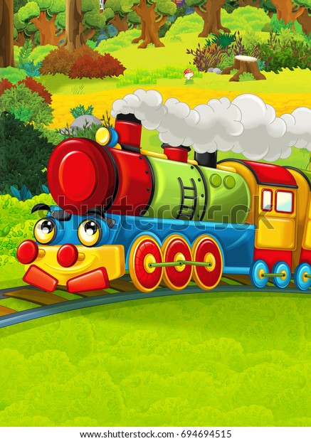 Cartoon train scene on the meadow - illustration\
for the children