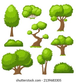 Cartoon Tree And Bush. Garden Bushes, Isolated Shrubbery With Green Leaf. Landscape Outdoor Shrubs, Green Plant Shapes, Forest Flora Recent Set