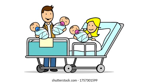 Cartoon Triplets Or Multiples After Birth With Parents In The Delivery Room Of A Clinic