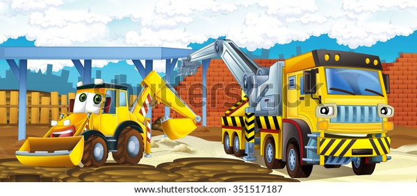 Cartoon truck and excavator - illustration for\
the children