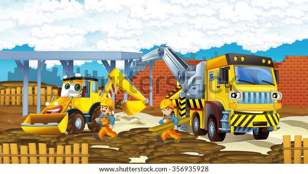 Cartoon truck and excavator - vehicles and\
workers - illustration for the\
children