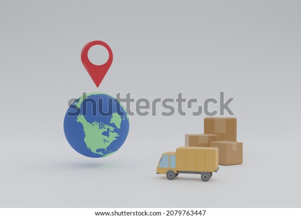 Cartoon,\
Truck transport courier service with parcel packages and worldwide\
shipping with check-in symbol, 3d\
rendering.