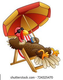 Cartoon Turkey Bird Sitting On Beach Chair