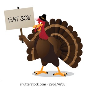 Cartoon turkey with eat soy sign 