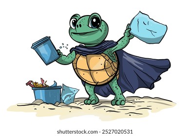 cartoon turtle with a cape, cleaning up a sandy beach with a trash bucket and bag. - Powered by Shutterstock