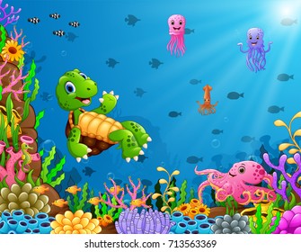 Cartoon turtle and octopus underwater 