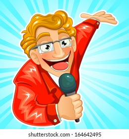 cartoon TV presenter holding a microphone