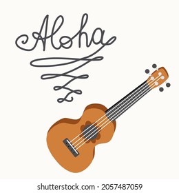 Cartoon ukulele with lettering text for summer, music poster template design. Small guitar with four-string guitar with notes, treble clefs, inscription. hand drawn style. - Powered by Shutterstock