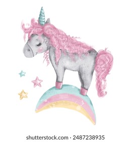 Cartoon unicorn drawing on the rainbow with stars. Hand painted illustration isolated white background. Greeting card, poster, print , baby shower invitation, Happy Birthday.Sweet baby . Newborn ptint - Powered by Shutterstock