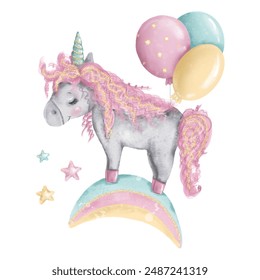 Cartoon unicorn drawing on the rainbow with stars with ballons. Hand painted illustration isolated white background. Greeting card, poster, print, baby shower invitation, Happy Birthday.Glitter, gold  - Powered by Shutterstock