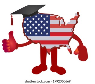 Cartoon usa flag mascot with graduation hat showing thumb up
