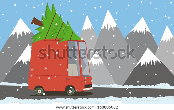 cartoon van in the mountains\
