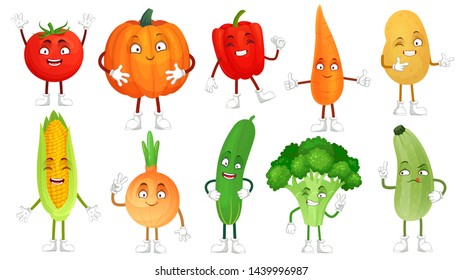 Cartoon vegetable character. Healthy veggies food mascot, baby carrot and funny cucumber. Vegetables, vegetarian comic emotions or vegan mascot. Isolated  illustration icons set