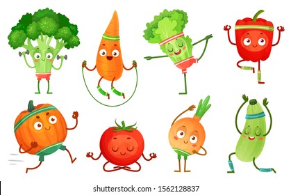 Cartoon vegetables fitness. Vegetable characters workout, healthy yoga exercises food and sport vegetables. Yoga poses, kawaii sport vegetable. Isolated  illustration icons set