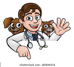 A cartoon vet character with pet cat and dog animals above sign pointing