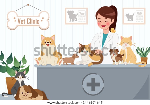 Cartoon Veterinarian Many Pets Happy Vet Stock Illustration 1446974645