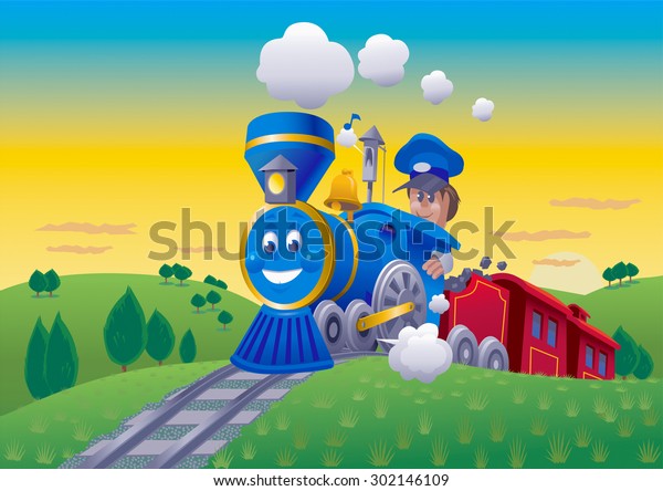 Cartoon Vintage Steam Train. The train is pulling a coal\
car, caboose and passenger car with the engineer at the front.\
Engine is puffing smoke and steam. Background is rolling\
countryside at sunset.\

