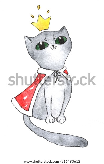 Cartoon Watercolor Grey Cat Queen Crown のイラスト素材