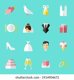 Cartoon Wedding Symbols Icons Set Concept Ceremony Marriage Element Flat Design Style. illustration of Celebration Icon