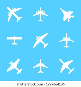 Cartoon White Silhouette Airplane Set Different Types Travel Concept Element Flat Design Style. Illustration Of Jet Or Plane