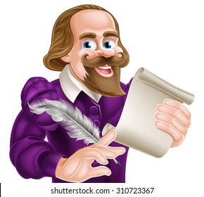 Cartoon Of William Shakespeare Holding A Feather Quill And Paper Scroll