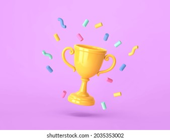 Cartoon Winners Trophy, Champion Cup With Falling Confetti On Purple Background. 3D Rendering