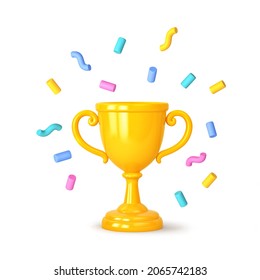 Cartoon Winners Trophy, Champion Cup With Falling Confetti Isolated On White. 3D Rendering With Clipping Path