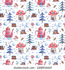 Cartoon winter background and fairytale Christmas village in snowy forest  Fly agaric house  kettle house  snowdrifts  fir trees seamless pattern 