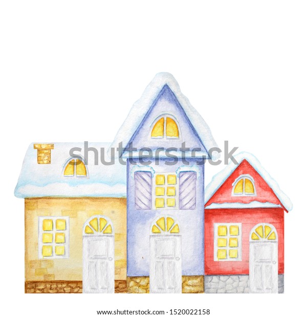 Cartoon Winter Christmas Houses. Watercolor\
New year Greeting card, poster, banner concept with copy space for\
text. Front view of Red, Yellow, Blue\
House.