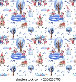 Cartoon winter pattern and snowy landscape  snowmen  ice skating mice  mice and gifts  Watercolor illustration seamless pattern and New Year  Christmas stories 