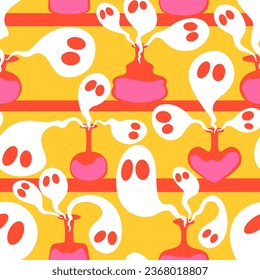 Cartoon witch bottle with poison seamless Halloween ghost pattern for wrapping paper and fabrics and linens and kids clothes print and autumn accessories and festive packaging  - Powered by Shutterstock