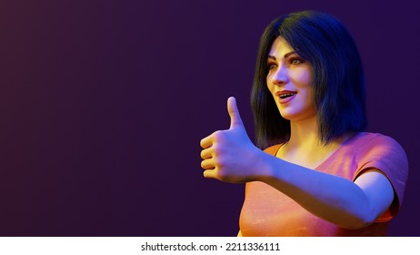 Cartoon Woman With Cool Attitude Thumb Up For Congratulations Yes Success Positive Approbation 3D Illustration