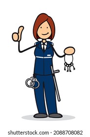 Cartoon Woman As A Female Law Enforcement Officer Holds Thumbs Up With Keychain