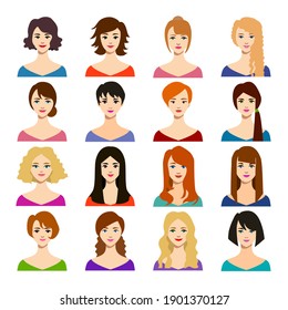 Cartoon Woman Hairstyles Icons Set Various Colors And Types Of Female Hair Concept Flat Design Style. Illustration