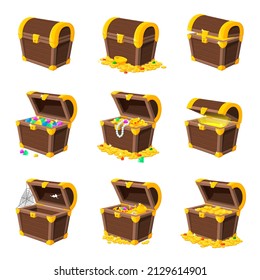 Cartoon Wooden Chest. Coin Box, Gold Coins Stacked. Game Trunk Safe Golden Treasure. Isolated Open Chests Animation, Pirate Money Recent Set