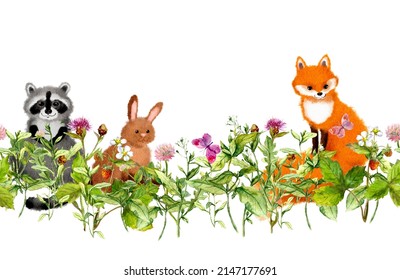Cartoon woodland animals in summer flowers, meadow grass. Character fox, raccoon, rabbit in floral repeating border. Watercolor forest wildlife natural seamless frame for childish design