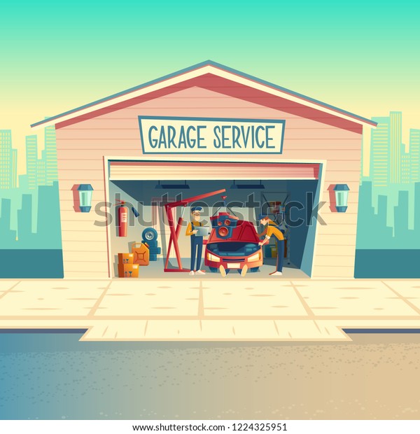 cartoon workshop with mechanic crew installing\
engine. Repairing car, fixing vehicle in garage. Storeroom with\
tools, parts and details. Automobile service near with the road,\
urban business