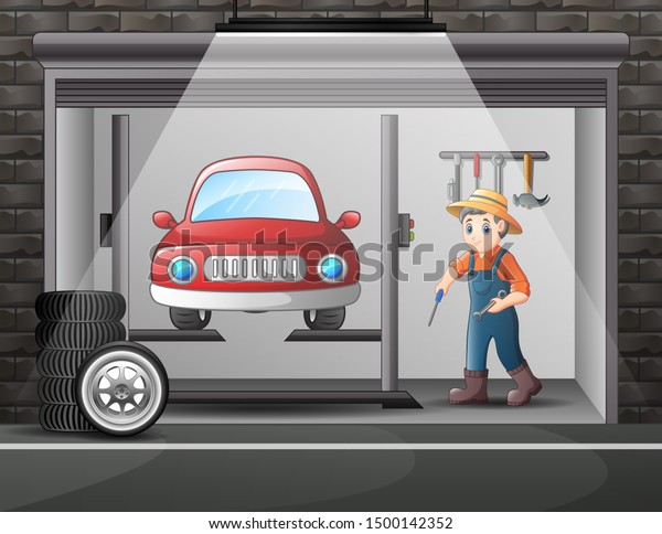 Cartoon\
workshop with mechanic crew repairing a\
car