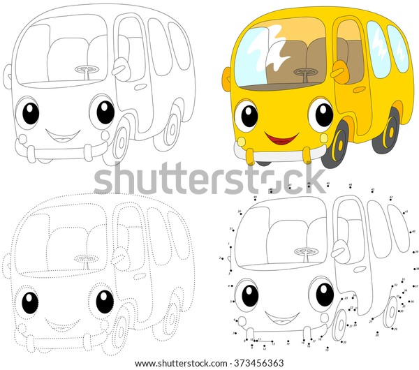 Cartoon yellow bus. Dot to dot educational\
game for kids.\
illustration
